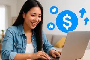 Seorang lelaki muda Asia Tenggara sedang memegang telefon pintar sambil tersenyum, fokus pada strategi promosi pautan rujukan untuk pendapatan online.