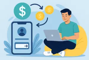 Ilustrasi digital bergaya flat menunjukkan lelaki Asia Tenggara dengan komputer riba dan ikon grafik, melambangkan kisah kejayaan menjana pendapatan secara online.