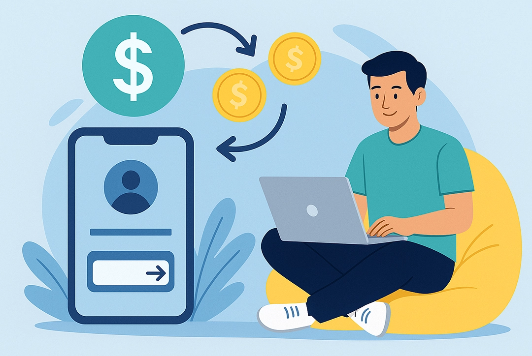 Ilustrasi digital bergaya flat menunjukkan lelaki Asia Tenggara dengan komputer riba dan ikon grafik, melambangkan kisah kejayaan menjana pendapatan secara online.