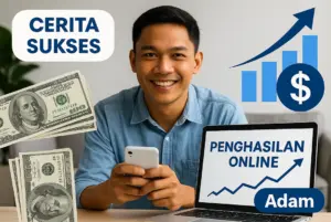 Kolaj digital bergaya fotorealistik yang memaparkan simbol kejayaan dan pertumbuhan kewangan, mewakili kisah kejayaan pendapatan online di Malaysia.
