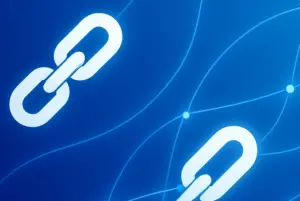 Reka bentuk grafik digital abstrak dengan elemen rantai yang bersambung dan rangkaian, menggambarkan strategi pemasaran online dan promosi pautan rujukan yang berkesan.