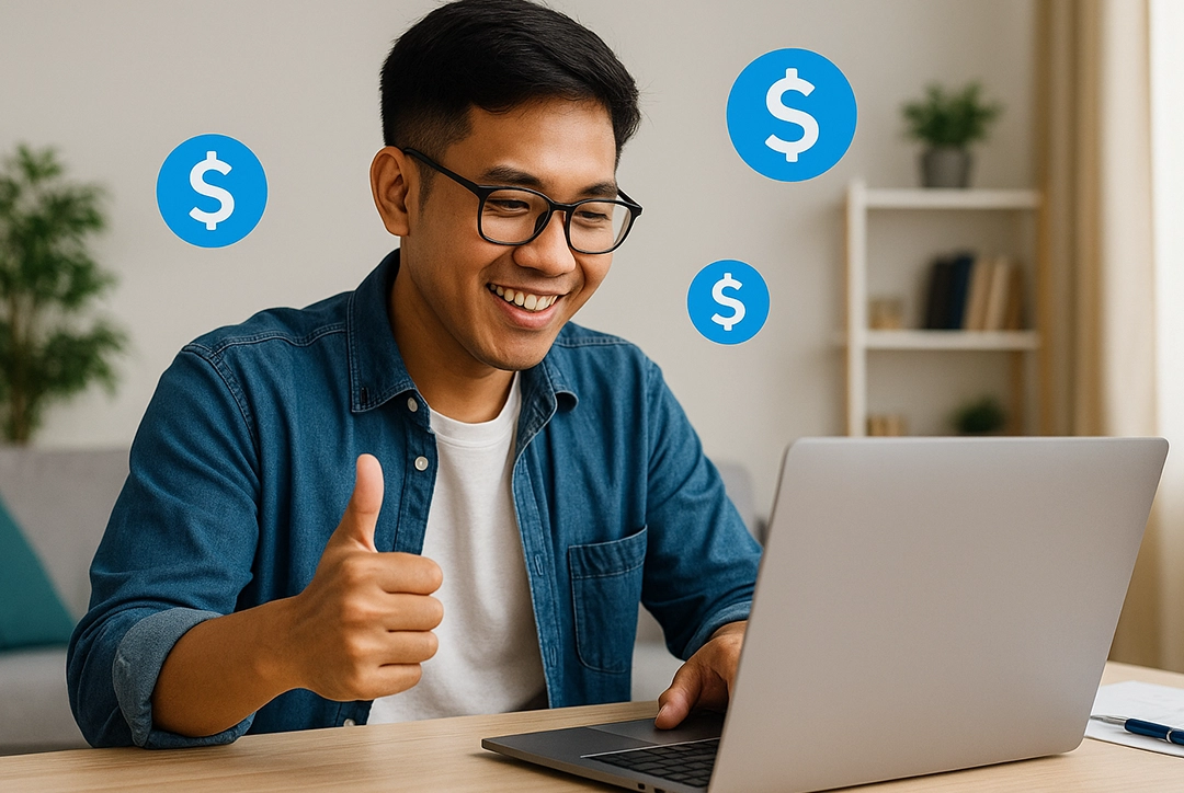 Seorang lelaki muda Asia Tenggara sedang duduk di meja kerja dengan komputer riba, bekerja dari rumah untuk menambah pendapatan secara online.